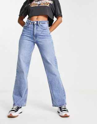 Only Juicy high waisted wide leg jeans in mid blue - ASOS Price Checker