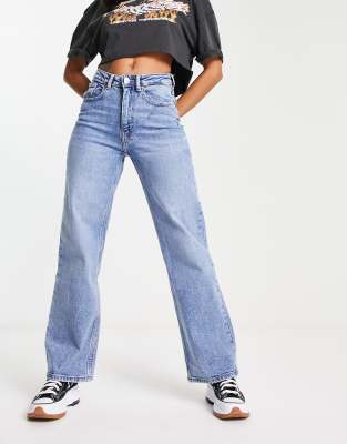 Only - Juicy - Jeans in Mittelblau mit hohem Bund und weitem Bein