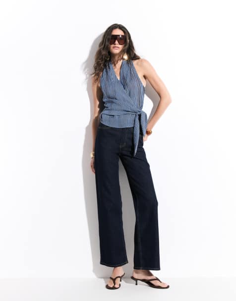 ONLY Juicy high waisted wide leg jeans with contrast stitch in indigo wash