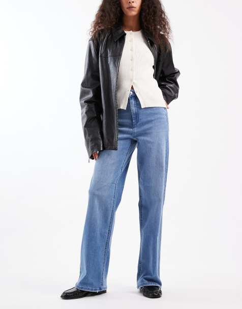 ONLY Juicy high waist wide leg jeans in mid blue