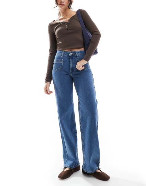 ONLY Juicy high waist wide leg jeans with pocket detail in mid wash blue