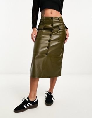 Only faux leather button down cargo midi skirt in khaki - ASOS Price Checker