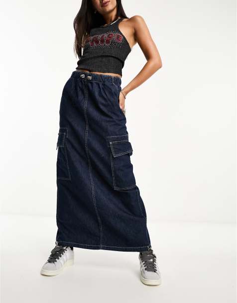 Only - Jupe cargo mi-longue en jean - Bleu foncé - view 1