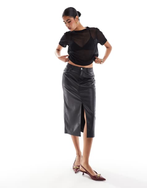 Only - Jupe mi-longue en imitation cuir - Noir - view 1