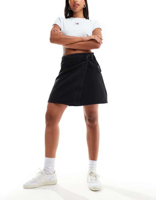 ONLY - Jupe portefeuille en jean à lien - Noir délavé 