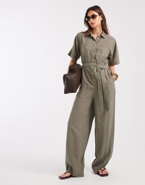 ONLY – Kakifärgad jumpsuit med korta ärmar och knytning i midjan - view 1