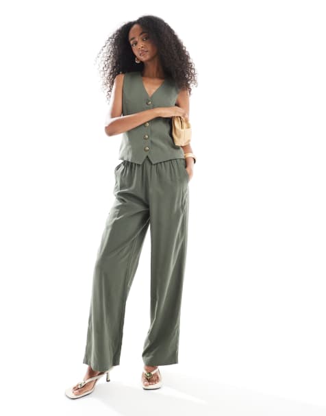 ONLY – Kakifärgade, figursydda byxor i twill med elastisk midja, del av set - view 1