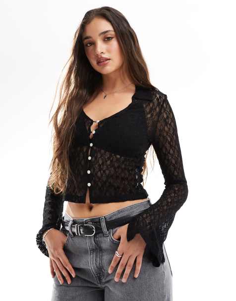 ONLY - Kanten overhemd met uitlopende mouwen in zwart - view 1