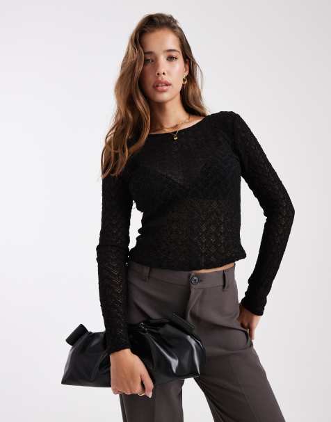 ONLY - Kanten top met lange mouwen en lage ronde hals in zwart - view 1