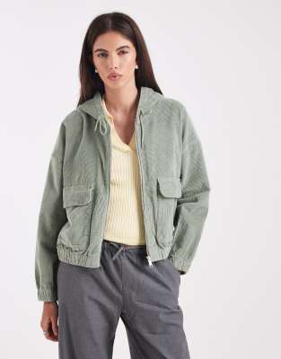 ONLY - Kapuzenjacke aus Cord in Khaki mit Reißverschluss-Rosa