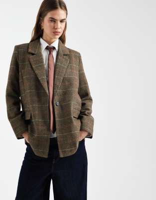 ONLY - Karierter Blazer-Mantel in Hellbraun-Brown