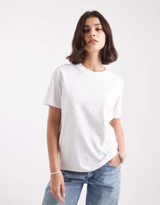 ONLY - Kastiges T-Shirt in Weiß mit Strassverzierung