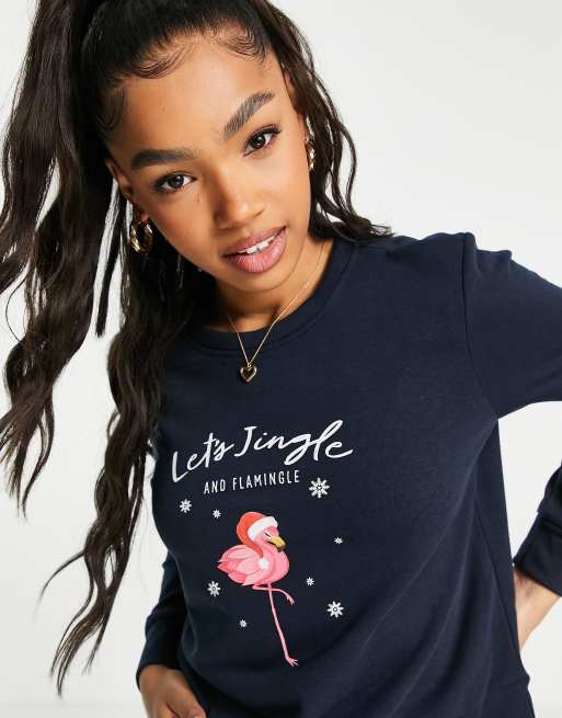 Only - Kerstmis - Sweatshirt met flamingo print in marineblauw