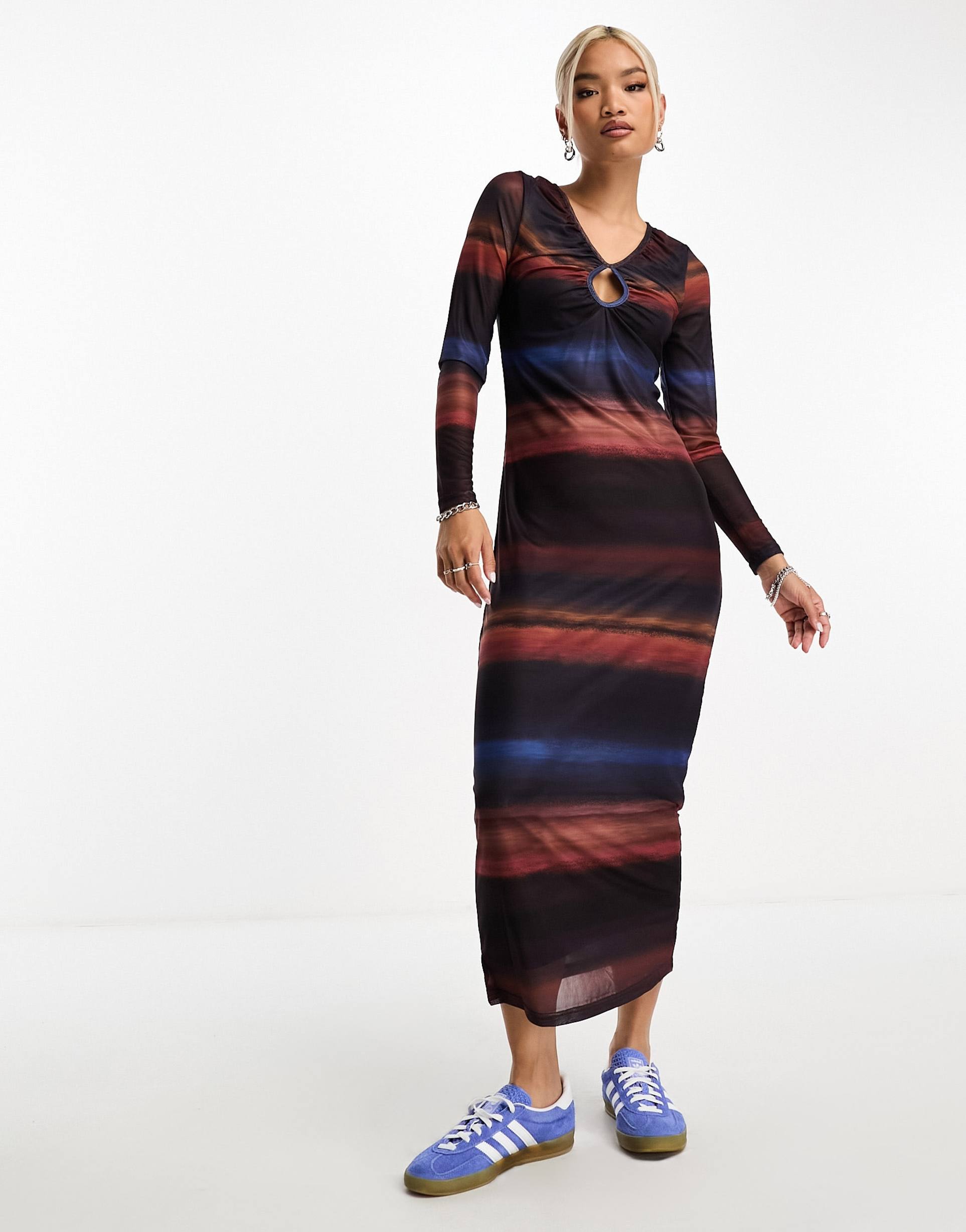 only keyhole detail mesh maxi dress in multi ombre stripe