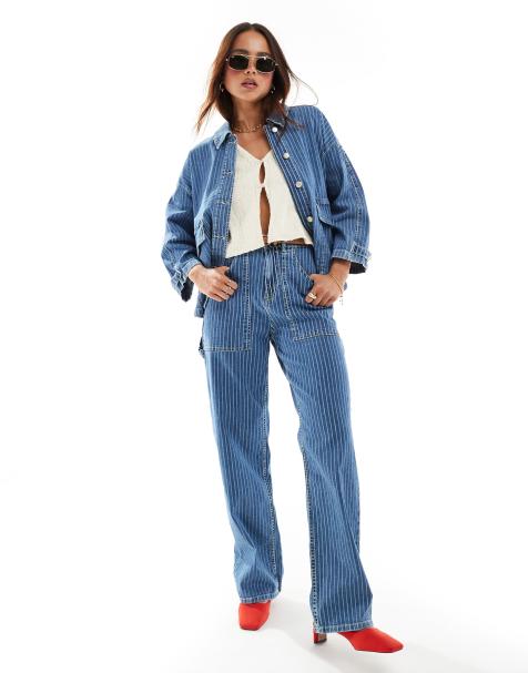 Only - Kirsi - Jean d'ensemble coupe cargo ample taille haute à rayures - Bleu et blanc - view 1