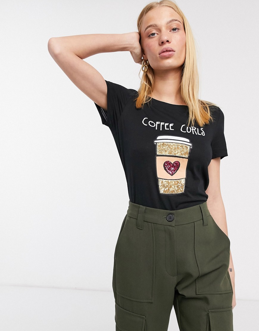 Only – Kita – T-shirt med coffee-slogan-Svart