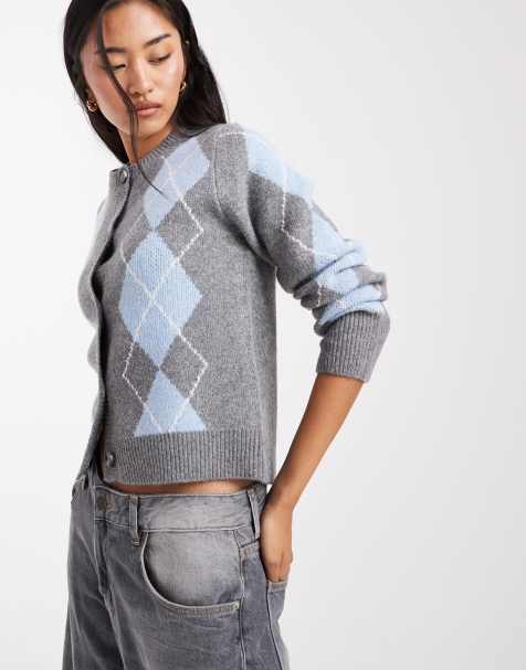 ONLY knit cardigan in gray argyle - view 1