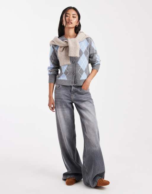 THE TOE Sendlinger Argyle Knitグレー系 ONLY knit cardigan in gray argyle | ASOS