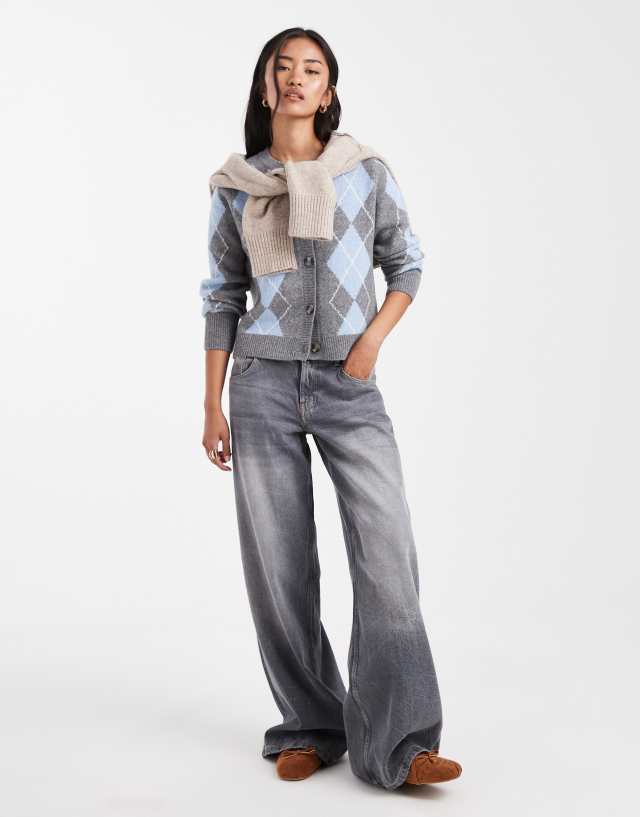ONLY knit cardigan in gray argyle | ASOS