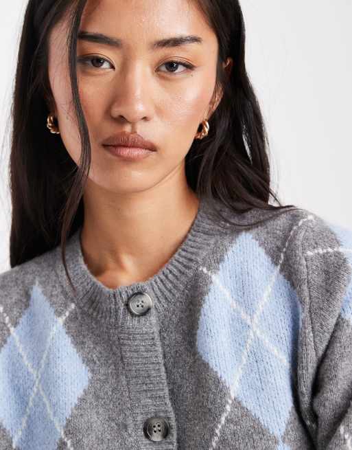 ONLY knit cardigan in gray argyle | ASOS