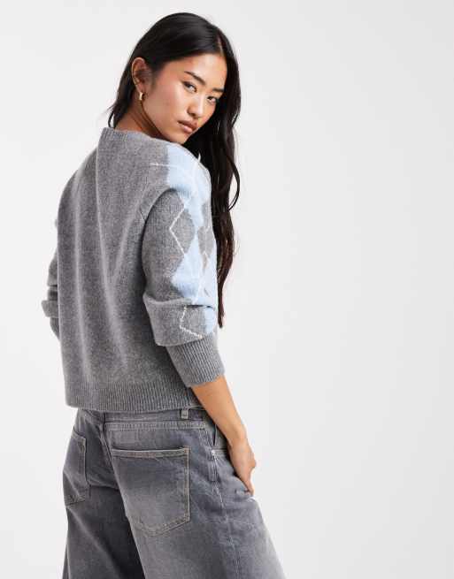 ONLY knit cardigan in gray argyle | ASOS