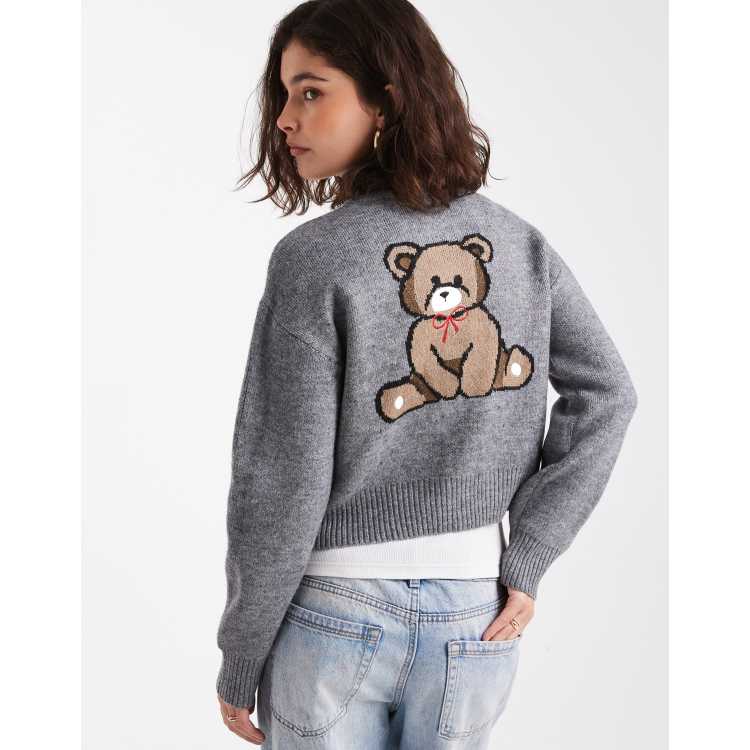 ONLY knit cardigan with bear embroidery in gray | ASOS