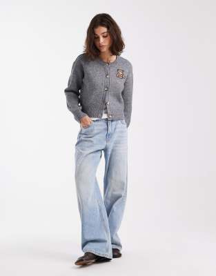 Only Knit Cardigan With Bear Embroidery In Gray