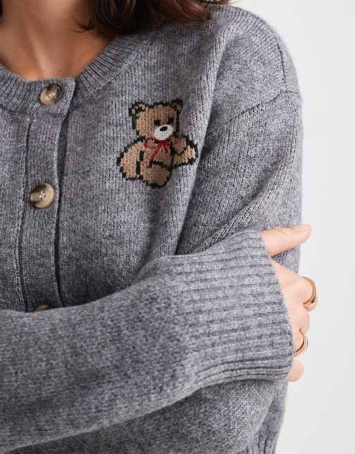 ONLY knit cardigan with bear embroidery in gray | ASOS