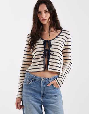 Only Knit Tie Front Cardigan In Blue