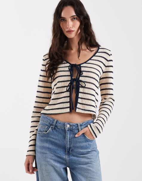 ONLY knit tie front cardigan in cream and blue stripes - view 1