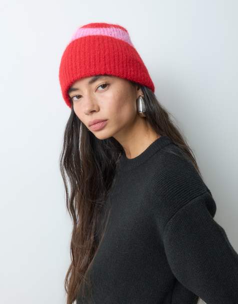 ONLY knitted beanie in red & pink stripes - view 1