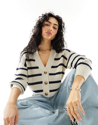 ONLY knitted cardigan in beige with navy stripe - ASOS Price Checker