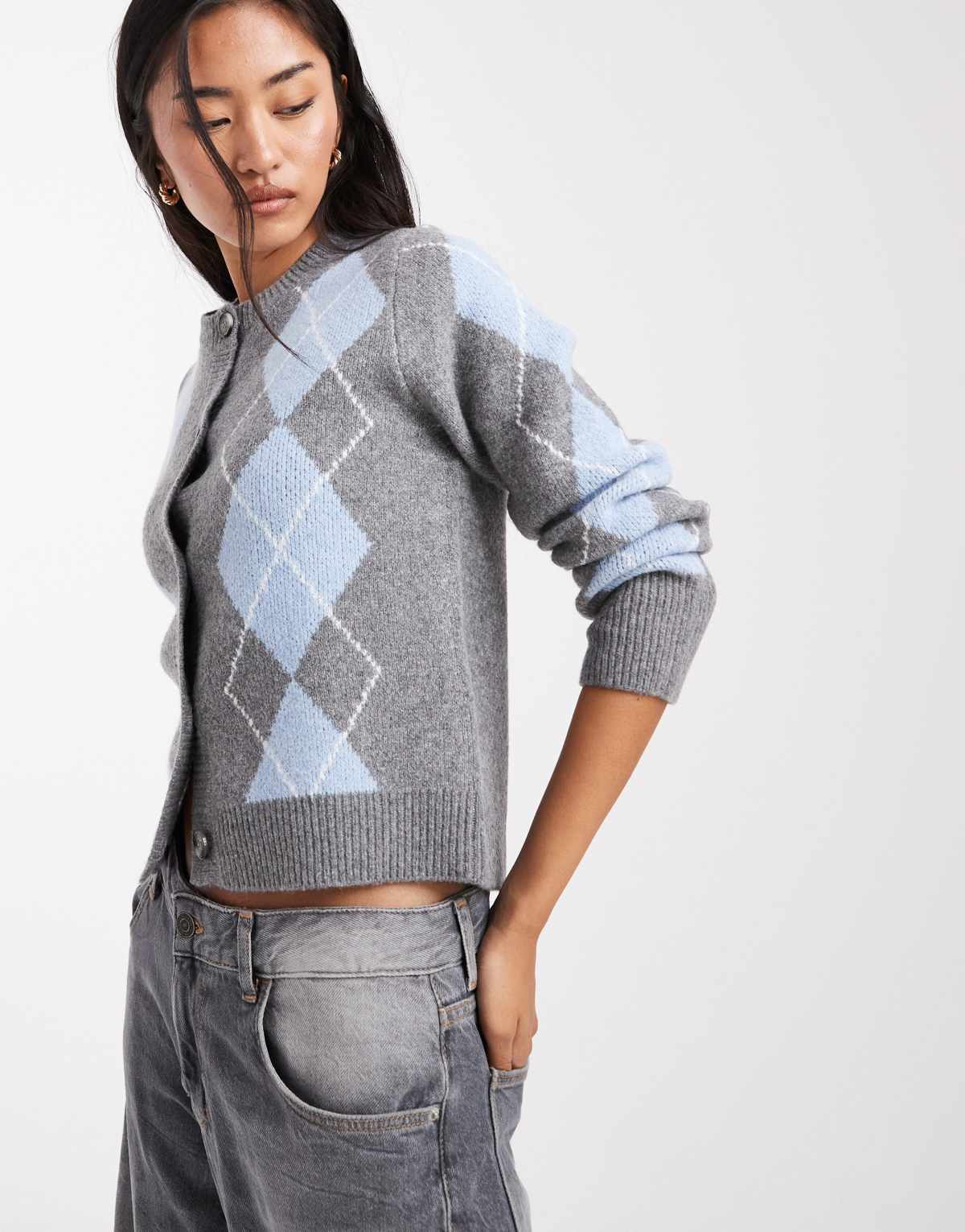 ONLY knitted cardigan in grey argyle