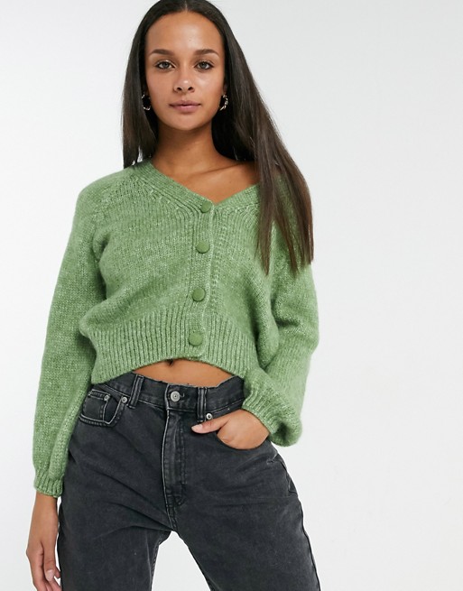 Only knitted cardigan with balloon sleeve in green
