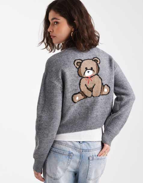 ONLY knitted cardigan with bear embroidery in grey - view 1