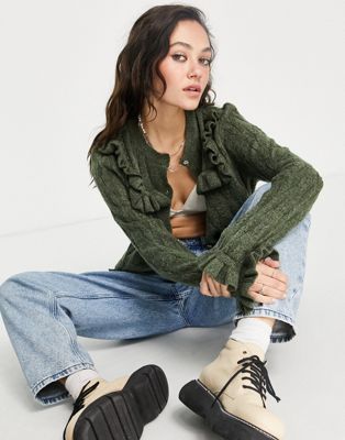 Only knitted cardigan with frill detail in green - ASOS Price Checker