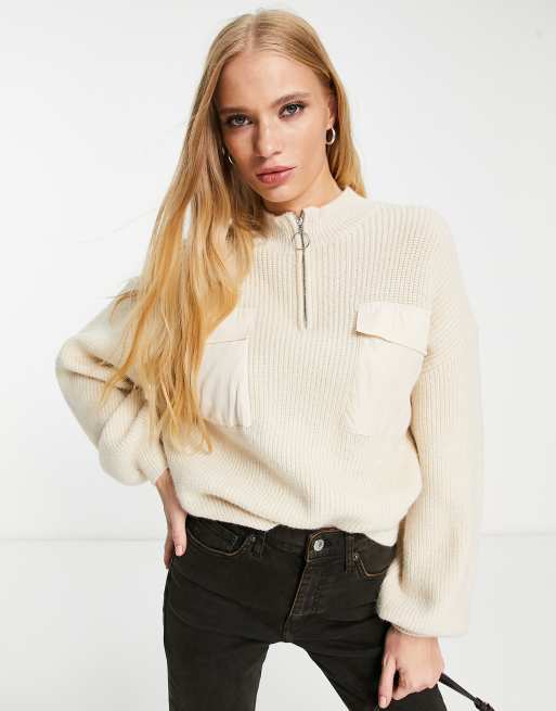 Only knitted half zip jumper with pocket detail in cream ASOS