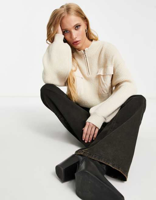 Only knitted half zip sweater with pocket detail in cream