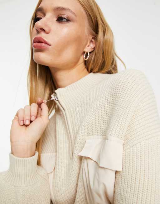 Only knitted half zip sweater with pocket detail in cream