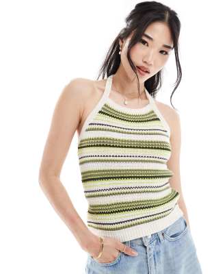 ONLY ONLY knitted halter neck top in beige & green stripe-White