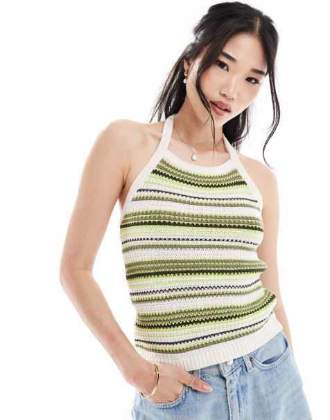 ONLY knitted halter neck top in beige & green stripe - view 1
