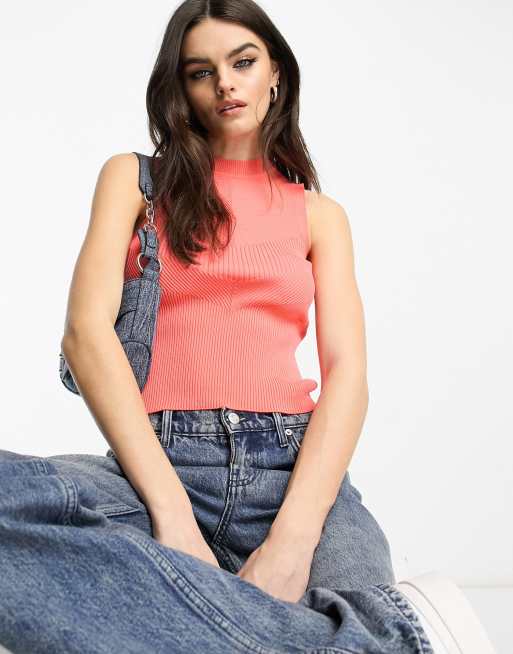 Only knitted high neck singlet top in coral