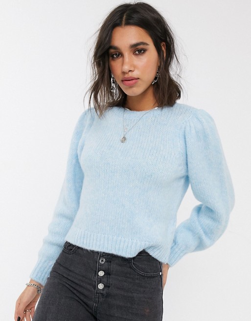 Only knitted jumper with puff sleeves in blue