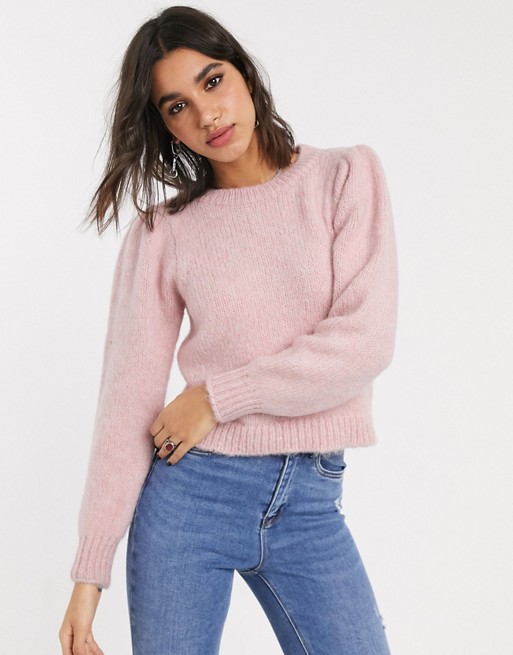 Only knitted jumper with puff sleeves in pink