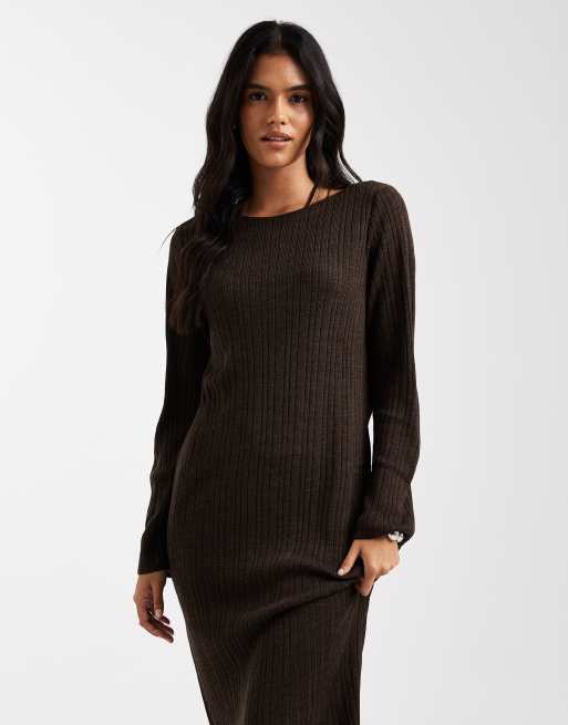 ONLY knitted midi dress in chocolate brown, 2 of 4