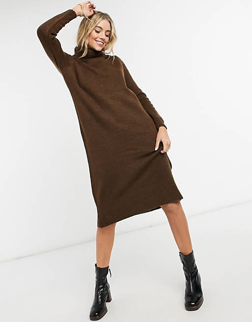 Only knitted midi dress with roll neck in brown