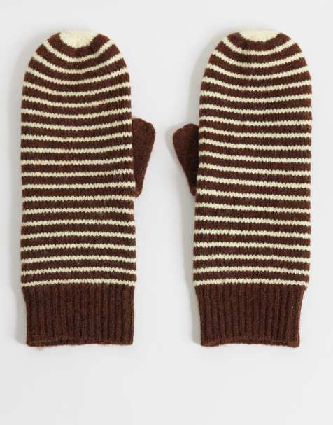 ONLY knitted mittens in brown & yellow stripe - view 1