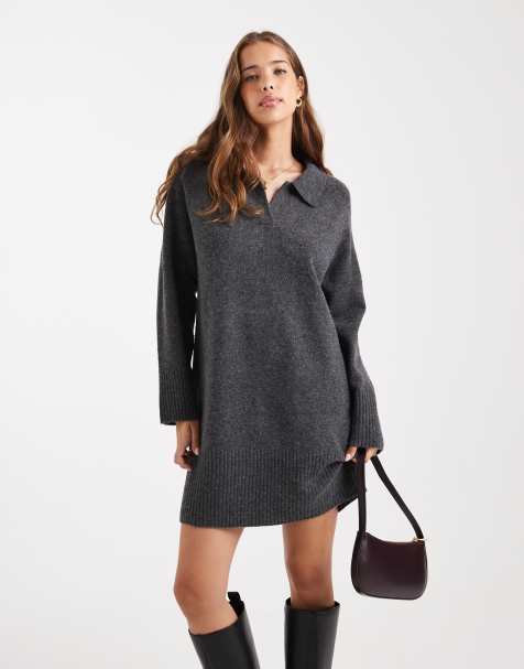 ONLY knitted polo mini dress in grey - view 1