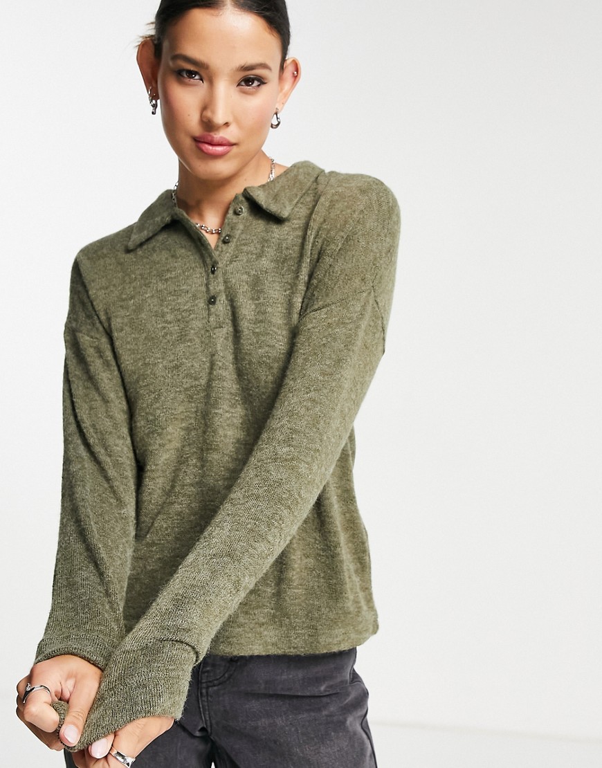 Only knitted polo sweater in khaki - part of a set-Green