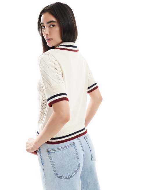 ONLY knitted short sleeve polo with stripes in beige, 3 of 4